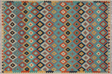 Flat Weave Kilim, Antique, Navaho, Vintage, Handmade, Modern Kilim Blue Beige Hand-Woven Rectangle 100% Wool Area Rug 6 x 8